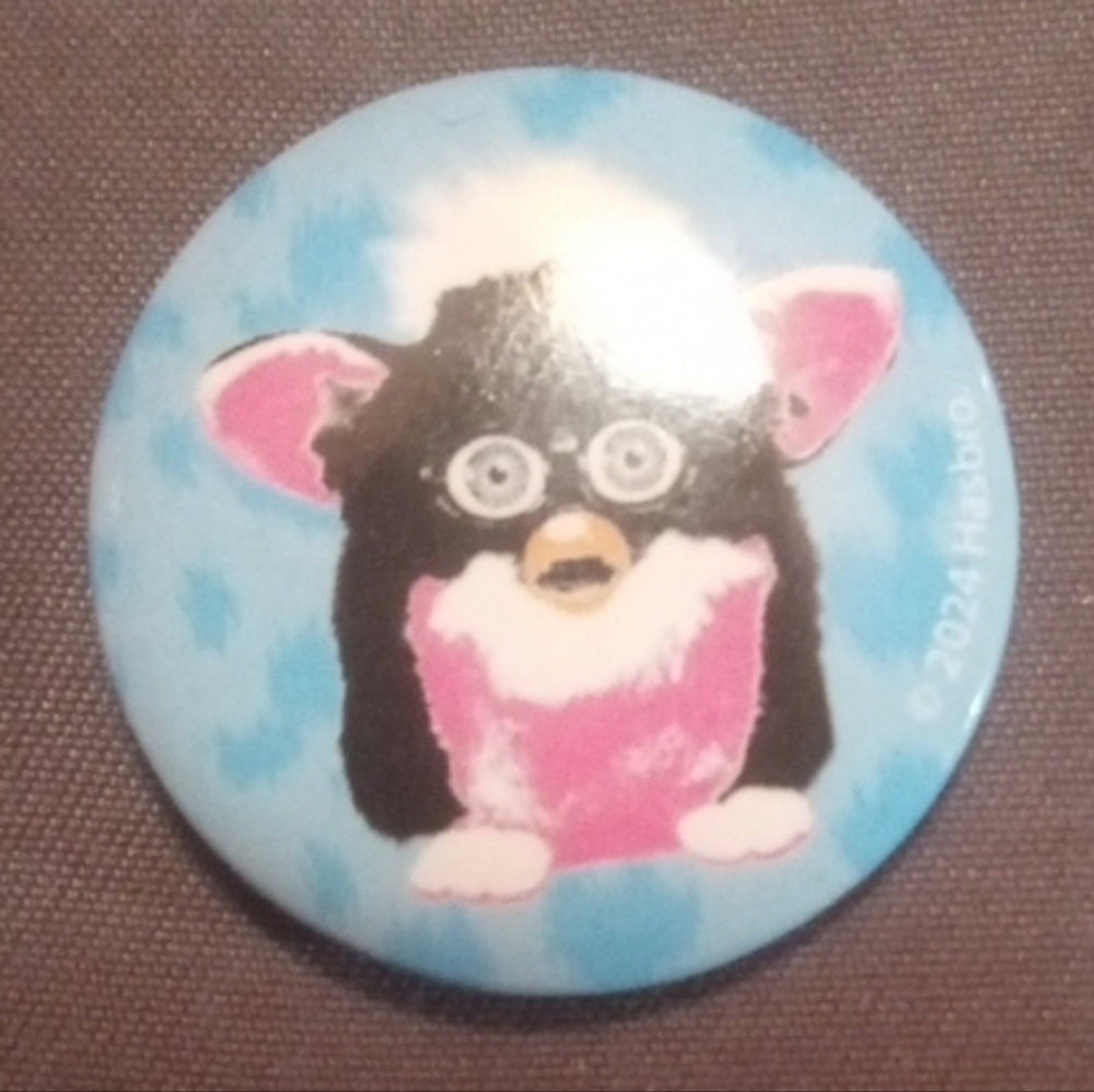 Furby Button Pin with Pink and Black Design